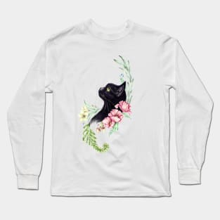 Black cat with leaves and flowers Long Sleeve T-Shirt